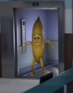 a cartoon banana standing in an elevator with its arms and legs spread out to the side