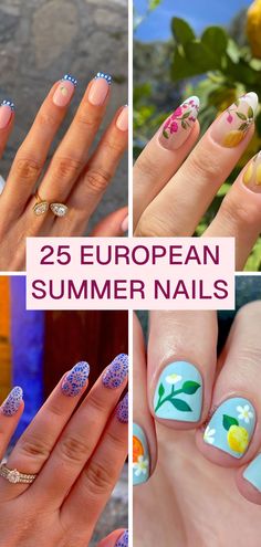 Close-up image of a person showing nails with European summer nail designs. This aesthetic collection offers inspiration for stunning European summer fingernails, perfect for a chic and stylish look.
