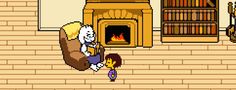 an old - school video game with a fireplace and people in the living room