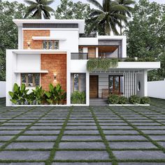 a modern style house in the middle of a tropical area with palm trees and shrubs