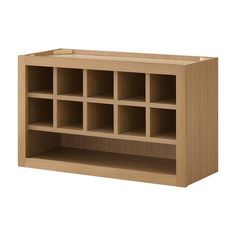 a wooden shelf filled with lots of compartments