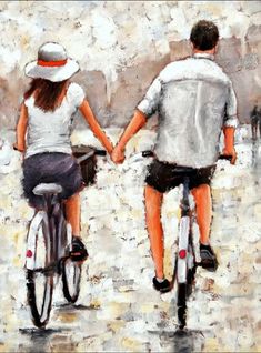 Tandem Bike Painting, Watercolor Painting Of A Bike, Couple Riding Bike Drawing, Couple On Cycle, Biking Painting, Couple On Bike Drawing, Romantic Bicycle Art, Romantic Bicycle Drawing, Bicycle Couple