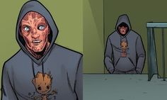 an animated image of a man in a hoodie with a baby grooter on his chest