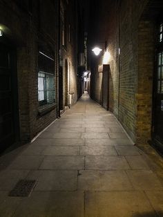 an empty alley at night with no one on the sidewalks or people walking down it