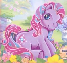 an image of a pink pony with flowers in the background