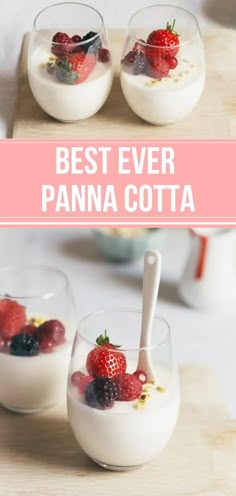 two glasses filled with yogurt and strawberries