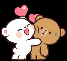 two teddy bears hugging each other with hearts on their foreheads and one bear holding the other
