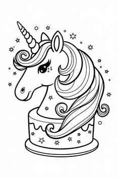 a black and white unicorn cake with stars on the top is shown in this coloring page