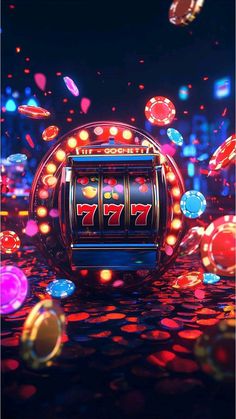 a casino machine surrounded by colorful lights and confetti