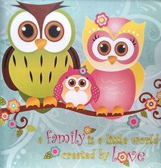two owls sitting on top of a tree branch with the words family is a little world created by love
