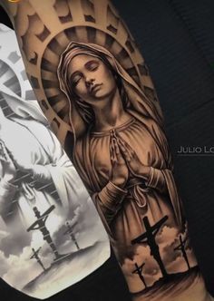 Catholic Half Sleeve Tattoos, Santa Maria Tattoo, Virgen Mary Tattoo For Women Sleeve, Saint Tattoos For Men, Mama Mary Tattoo Design Arm, Angel Mary Tattoo, Mary Tattoos, Mary Tattoos Catholic, Mama Mary Tattoo Design