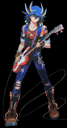 an anime character holding a guitar with horns on his head and blue hair, standing in front of a black background