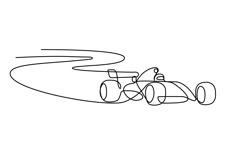 a black and white drawing of a race car driving on a track with the wheels down