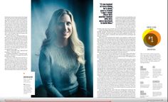 a woman is smiling and posing for a magazine page with an orange circle around her