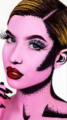 Really cool pop-art type makeup. A lot like andy warhols artwork. #popartmakeup #popartgirl #aveda #avedaibw #makeup #bodyartillusions #bodymakeup Comic Art Makeup, Comic Makeup Look, Comic Girl Makeup, Pop Comic Makeup, Comic Makeup Pop Art, Black And White Pop Art Makeup, Comics Makeup Pop Art, Comic Strip Makeup, Halloween Makeup Comic Pop Art