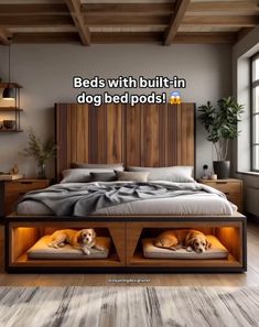 a bed with built in dog beds underneath it and the caption reads, beds with built in dog beds