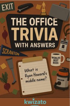 an advertisement for the office trivia with answers written on it and various items around it