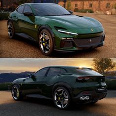 two different views of a green sports car