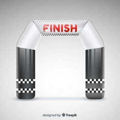 the finish gate is decorated with black and white checkered tape, which reads finish