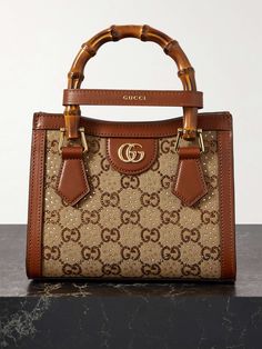 GUCCI Diana mini leather-trimmed crystal-embellished canvas-jacquard tote Brown Gucci Purse, Gucci Diana Mini, Gucci Diana Bag, Gucci Diana, Luxury Brown Gucci Bag, Gucci Diana Small Shoulder Bag, Gucci Diana Purse, Brown Gucci Luxury Shoulder Bag, Gucci Diana Jumbo Gg Mini Tote Bag
