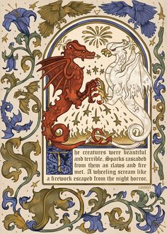 an illustration of a red dragon and a white horse in a medieval style frame with blue flowers