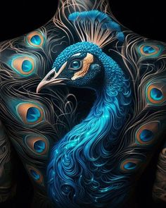 the back of a man's body painted with peacock feathers