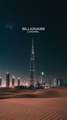 the poster for billionaire is shown in front of a cityscape at night