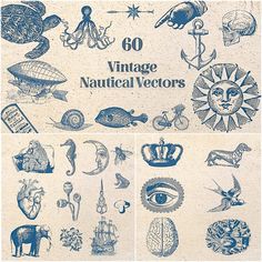 an old book cover with various nautical related items and symbols on the front, in blue ink