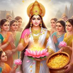 the god is holding a pot with water lilies in front of her and many other people