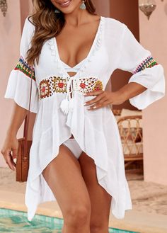 Patchwork Tassel Tie White Cover Up | modlily.com - USD 29.98 Summer V-neck Cover-up With Crochet Trim, Bohemian Crochet Trim Beach Cover-up Dress, Spring Beachwear Cover-up With Crochet Trim, Spring Mini Dress Beach Cover-up With Lace Trim, Spring Beach Cover-up Mini Dress With Lace Trim, Yellow Tankini, Red Tankini, Black Tankini Set, Purple Tankini