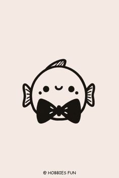 a black and white drawing of a fish with a bow tie