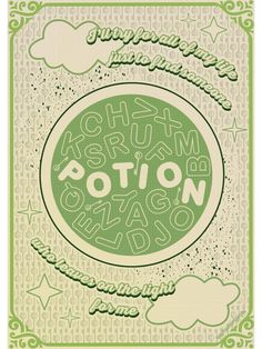 a green and white poster with the word's name written in cursive writing