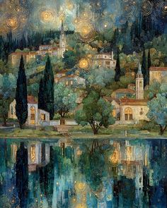 a painting of a night scene with trees and buildings on the water's edge