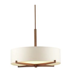 a light fixture with a white drum shade on the bottom and a wooden frame around it