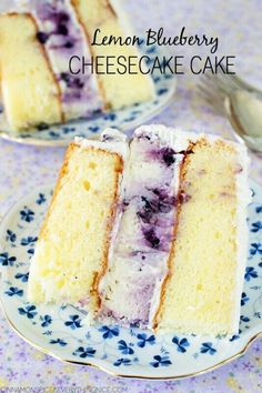 a slice of lemon blueberry cheesecake cake on a plate