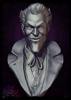 a drawing of a man with white hair and a smile on his face, wearing a suit