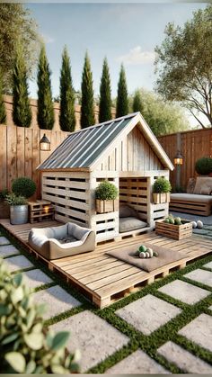 a dog house made out of pallets and wooden planks in a backyard area