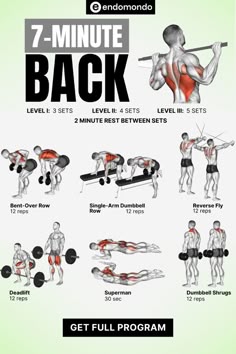 the 7 minute back workout plan is shown in this graphic style, and includes exercises to help