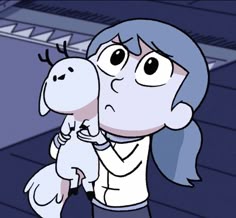 an animated image of a woman holding a dog