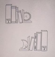 two books are sitting next to each other in front of a clock and bookcase