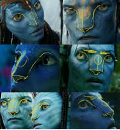 the avatars in avatar are painted yellow and blue with their faces drawn to look like they