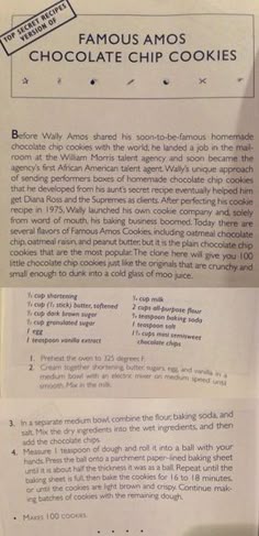 the menu for famous amos'chocolate chip cookies
