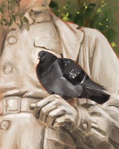 a painting of a man holding a black bird