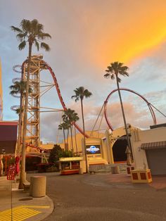 an amusement park with palm trees and roller coasters