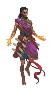 an image of a man dressed in costume and holding two spears, with his hands out