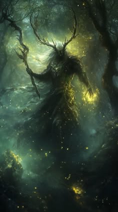 an image of a creature in the woods with fireflies on its face and arms