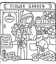 a coloring page with a girl holding flowers in front of a flower shop