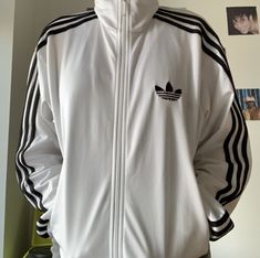 Adidas White Tracksuit, Adidas Tracksuit White, Track Jacket Adidas, Casual White Adidas Track Jacket, Adidas White, White Adidas Jacket Outfit, White Adidas Windbreaker, White Adidas Coat, White Adidas Outfit
