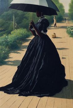 a painting of a woman in a long black dress holding an umbrella over her head