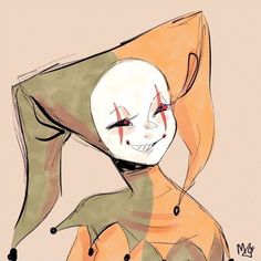 a drawing of a creepy clown with red eyes and an orange scarf around his neck